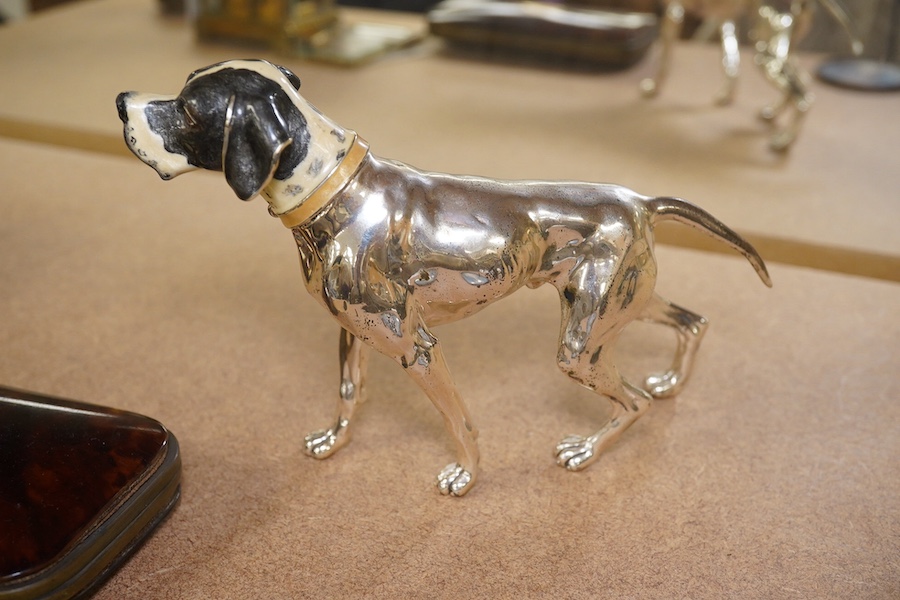 An enamelled silver plated model of a hound, tortoiseshell cigar case and watercolour miniature of a lady, largest 14cm wide. Condition - fair to good